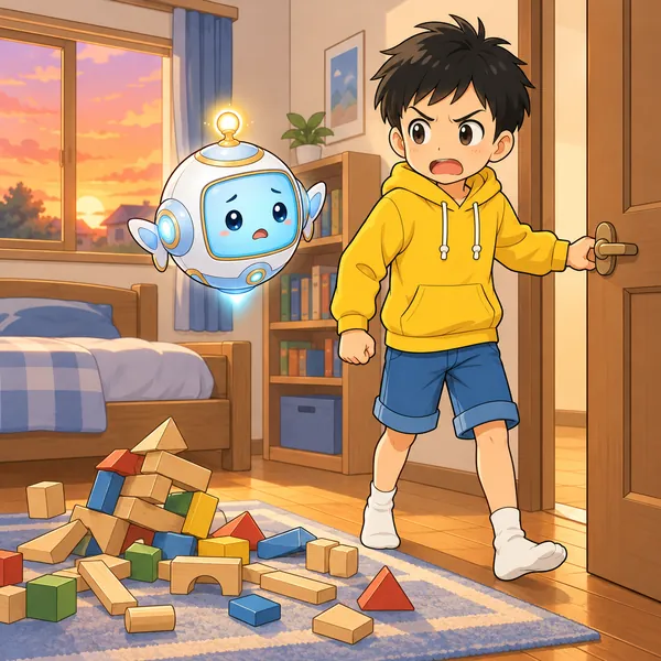 ハルがくずれた積み木の前で、おこってドアに手をかけている。