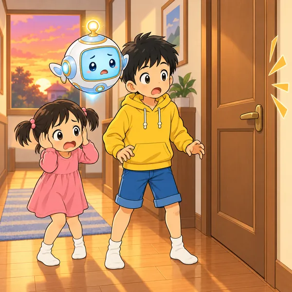 しまったドアの前でハルが立ち止まり、妹が耳をおさえている。