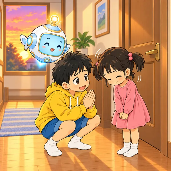 ハルが妹の前でしゃがんであやまっている。