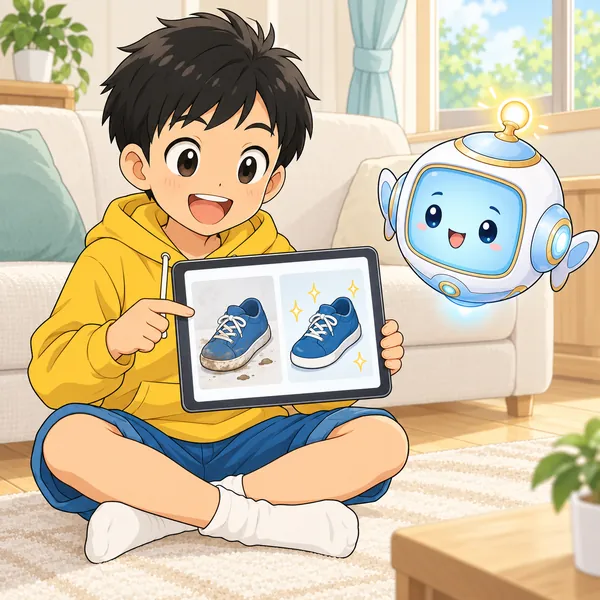 ハルが、くつの使う前と後の写真を見ている。