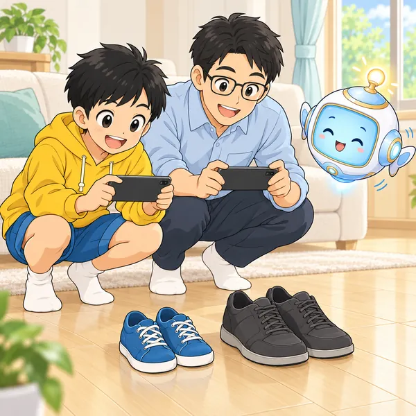 ハルとお父さんが、同じ条件でくつの写真をとっている。