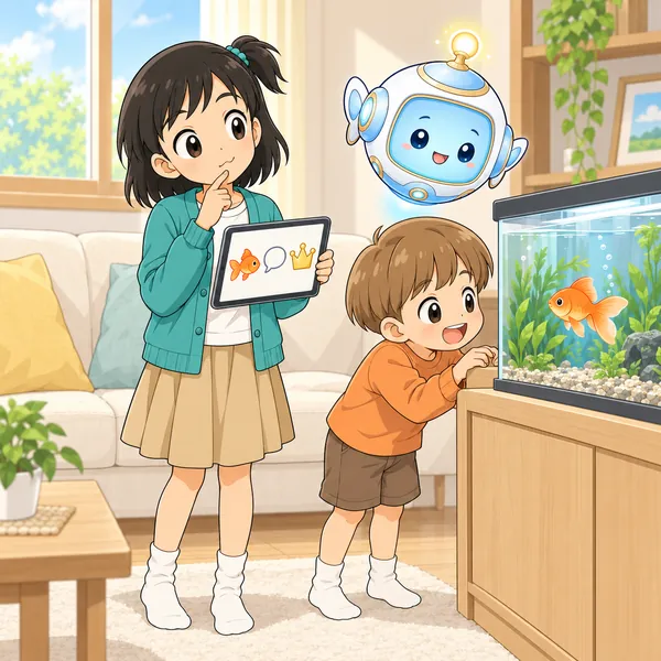 ミオが考えこみ、弟が金魚の水そうをのぞいている。