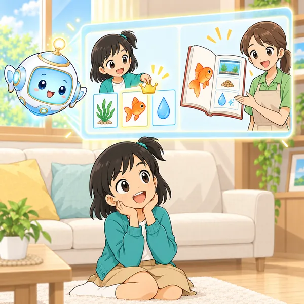 AIロボットが、質問した人が選んだ答えと、本やお店の人の絵を見せている。