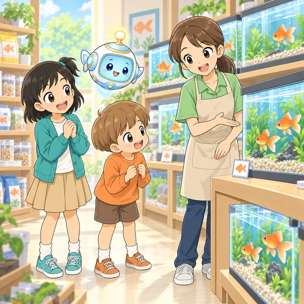 ミオと弟が、ペットショップで店の人の話を聞いている。