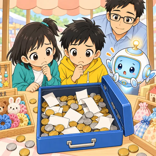 お金の箱の中で硬貨や紙がまざり、ミオが困っている。