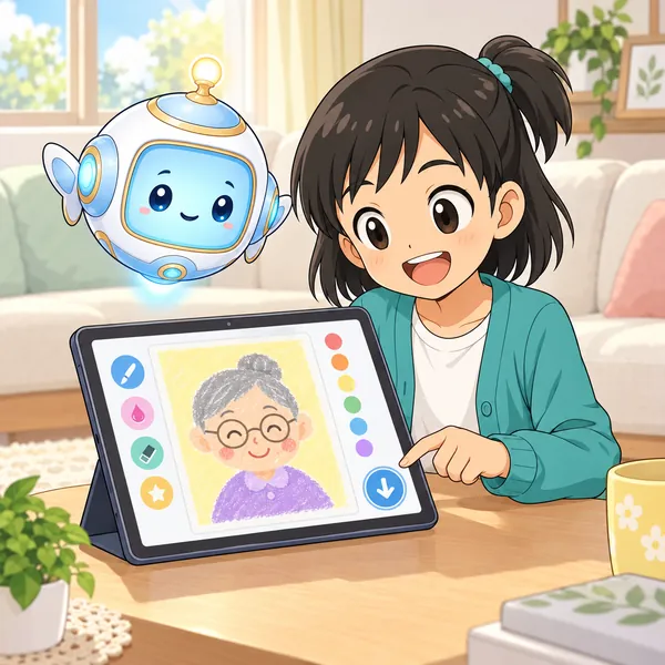 ミオがおばあちゃんの似顔絵の色をぬりかえて、保存しようとしている。