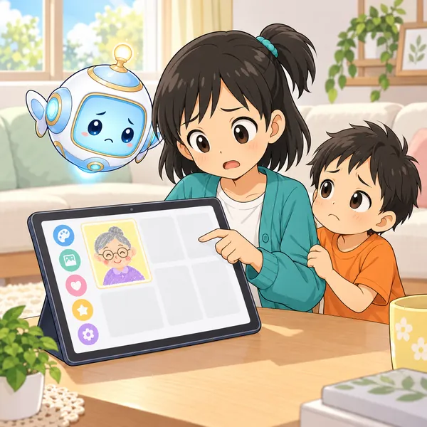 前の色の絵が見つからず、ミオがこまっていて、弟がそでを引いている。