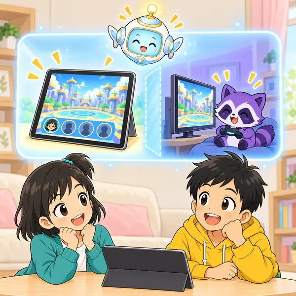 AIロボットが、ミオの画面では相手が消え、相手の画面ではゲームが続いている絵を見せている。