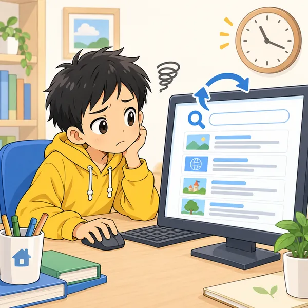 ハルがパソコンで、前に見たサイトをもう一度さがして、検索をくり返している