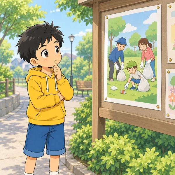 掲示板に地域の清掃活動のポスター。ハルが見上げて、自分には縁がなさそうな顔をしている