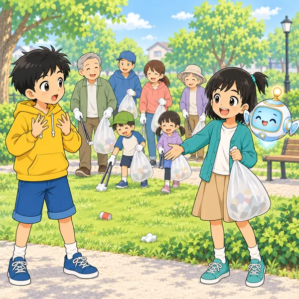当日の公園。おとなも子どもも入りまじって、ごみ袋を持って歩いている