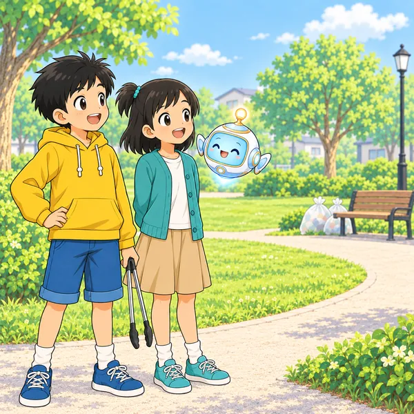 終わったあと。きれいになった公園を見て、ハルとミオが満足そうに立っている