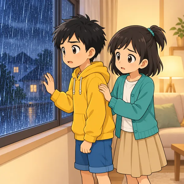 大雨の夜、ハルが窓の外を見て不安そうにし、ミオがとなりにいる。