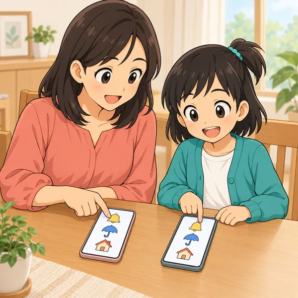 ミオとミオのお母さんが、スマートフォンでベルや傘のアイコンの画面を操作している。