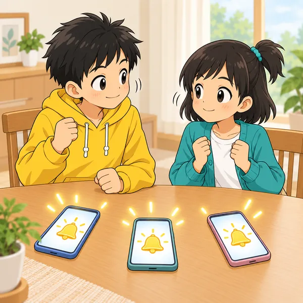 家族のスマートフォンがいっせいに光り、ハルとミオが顔を見合わせてうなずいている。