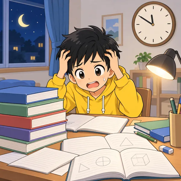 現実の夜。ハルがテスト前日に、教科書の山の前であせっている