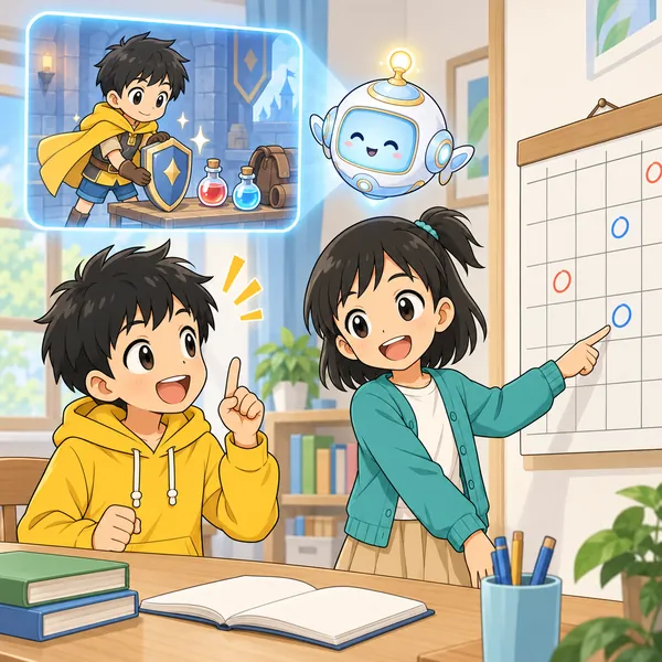 ミオが壁のカレンダーを指さし、アイが、勇者キャラが盾や薬などの装備をそろえる場面を見せている