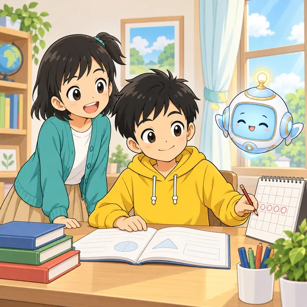 数日後の昼。ハルがカレンダーに印をつけながら、少しずつ落ち着いて勉強している