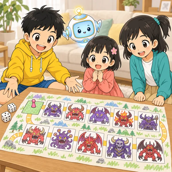 ハルが手作りのすごろく型ゲームをミオと妹に見せている。スタートの先にボスのカードが10枚並ぶ。