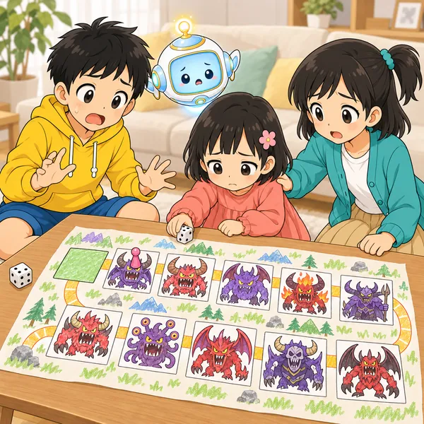 ハルの妹がすぐボスに当たってしょんぼりし、ミオが背中に手をそえている。