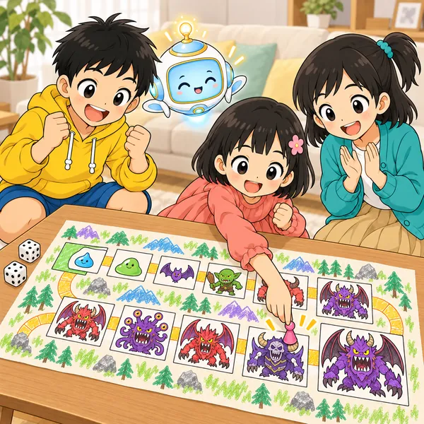 ハルの妹がにこにこでボスの前まで進み、ミオとハルが応援している。