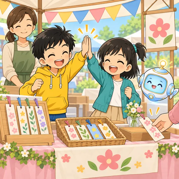 こどもマーケットで、いっしょに作ったしおりが売れて、ハルとミオがハイタッチしている。