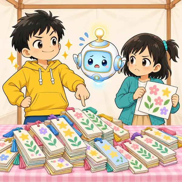 ハルがたくさん作ったと胸を張り、ミオがデザインは自分だと口をとがらせている。