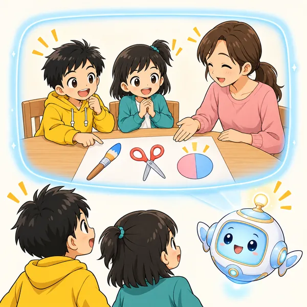 AIロボットが、始める前に二人と大人で役わりと分け方を決める絵を見せている。