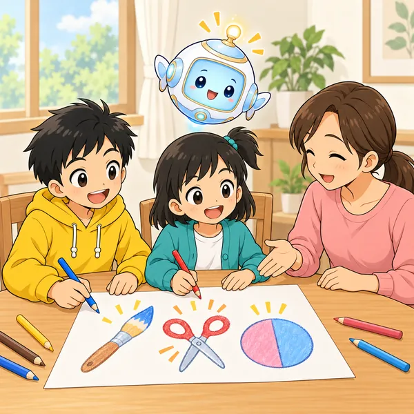 ハルとミオと母が、紙にマークをかきながら話し合い、笑顔にもどっている。