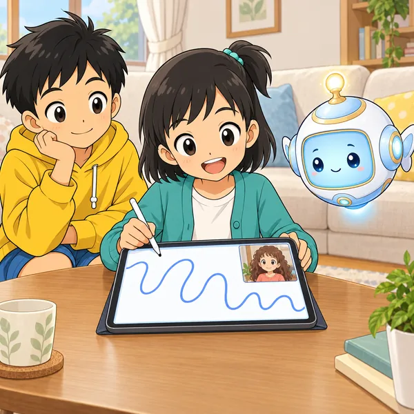 ミオがリビングで、海外のいとこに長いメッセージを書いている。