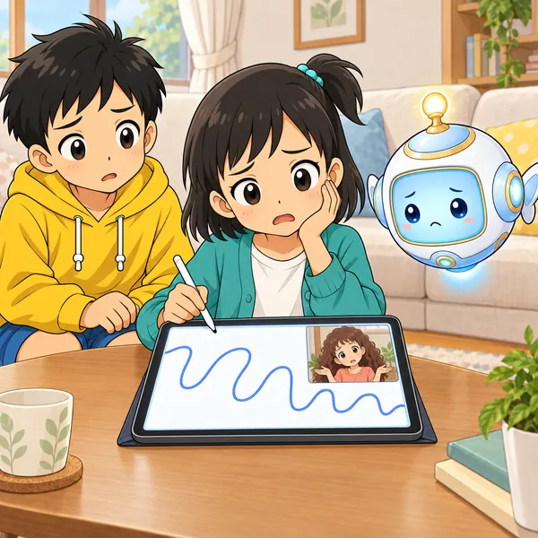 ビデオ通話の小窓のいとこが首をかしげ、ミオがこまった顔をしている。