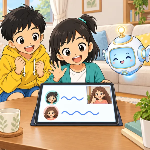 通話の小窓のいとこがにっこり親指を立て、ミオもうれしそうに手をふっている。