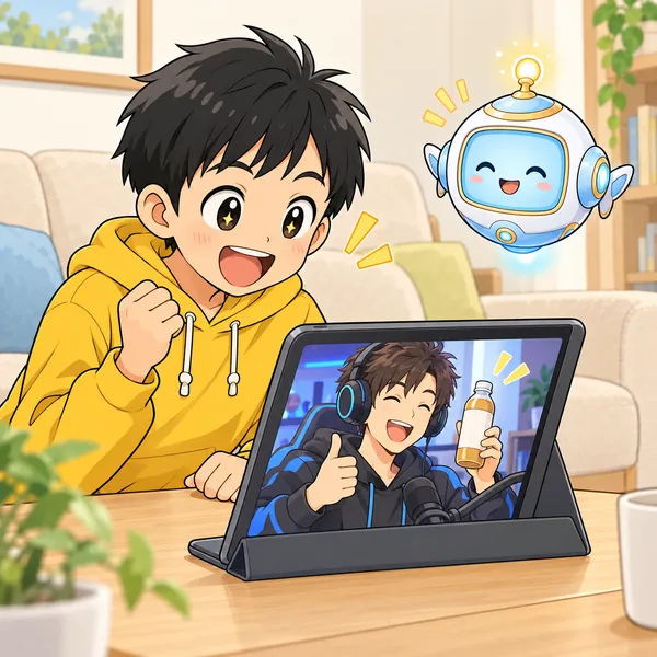 ハルが、ゲーム実況の人の動画を見て、かぜが治ると目をかがやかせている。