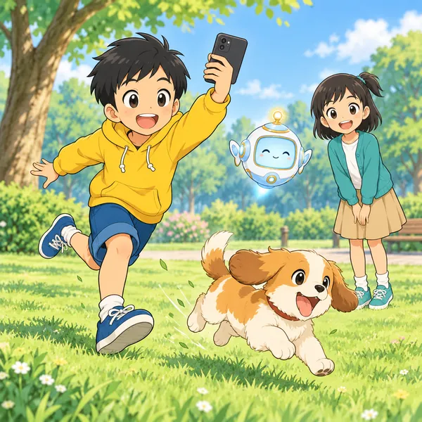 公園で、ハルが片手でスマホを高く持ち、走る小犬を追いかけて撮っている。