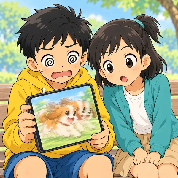 ベンチでスマホの画面を見ると小犬がぶれていて、ハルが目を回している。