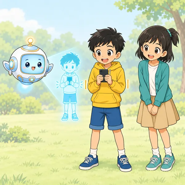 AIロボットが両手で持ってひじをしめる姿勢の絵をうかべ、ハルがまねをしている。