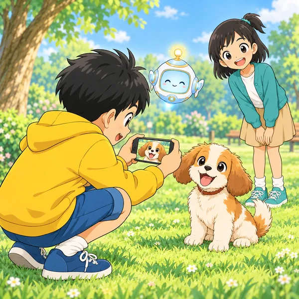ハルがしゃがんで両手でスマホを持ち、小犬がくっきり写っている。