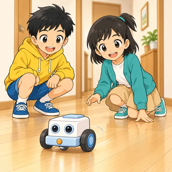 廊下で、ミオがバンパーのついた手作りロボットを走らせている。