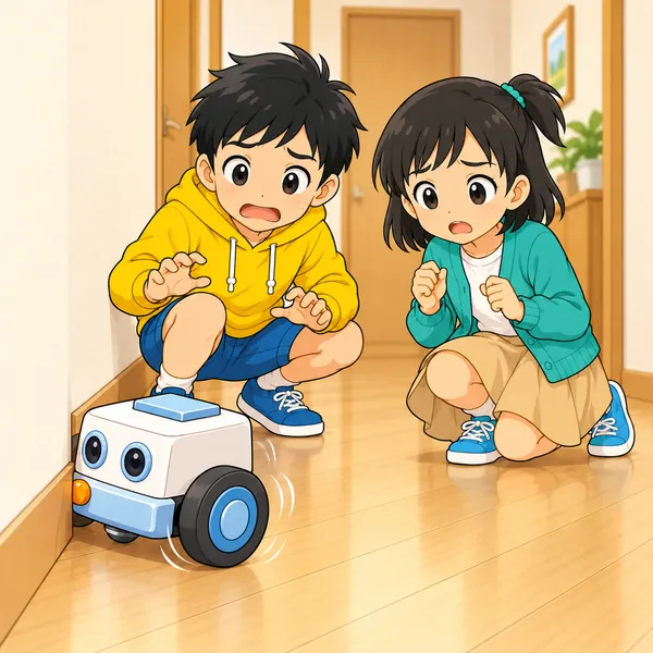 ロボットがかべに当たったまま、車輪だけ回して進めずにいる。