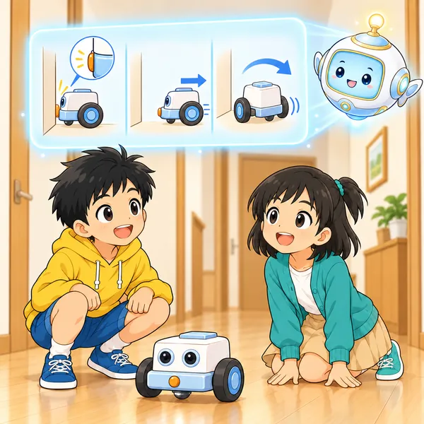 AIロボットが、バンパーが押されたら少し下がって向きを変える様子を光の窓で見せている。