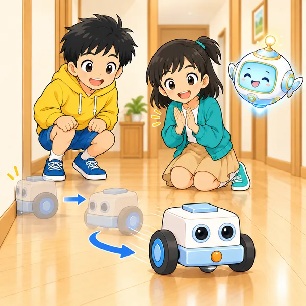 ロボットがかべに当たったあと向きを変えて進み、ミオが手をたたいている。