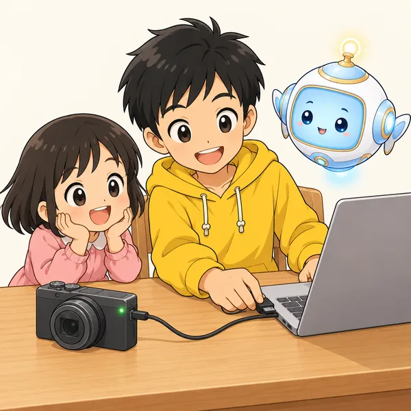 ハルが家族のデジタルカメラをパソコンにケーブルでつなぎ、妹がとなりで見ている。