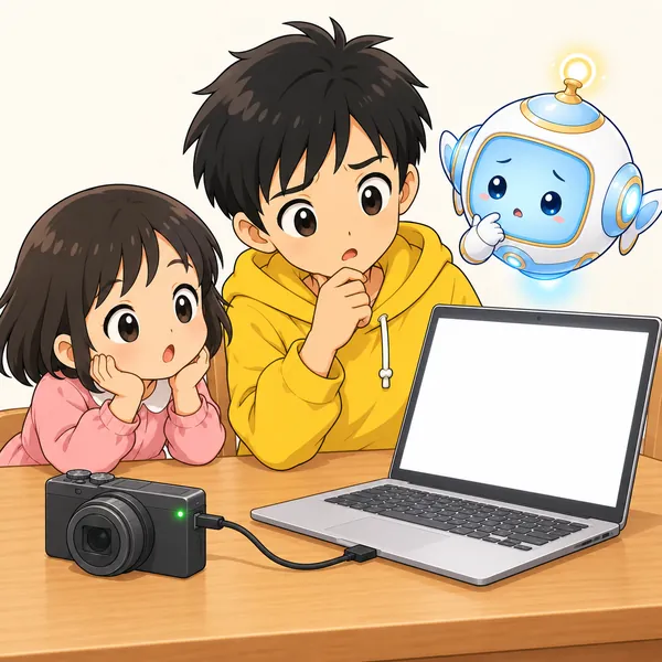 パソコンの画面に何も出てこず、ハルが首をかしげている。