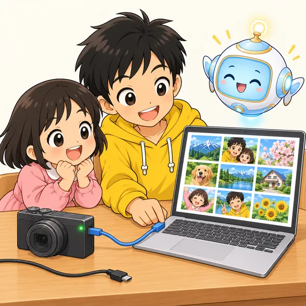 別のケーブルにつなぐとパソコンに写真が並び、ハルと妹が笑顔になっている。