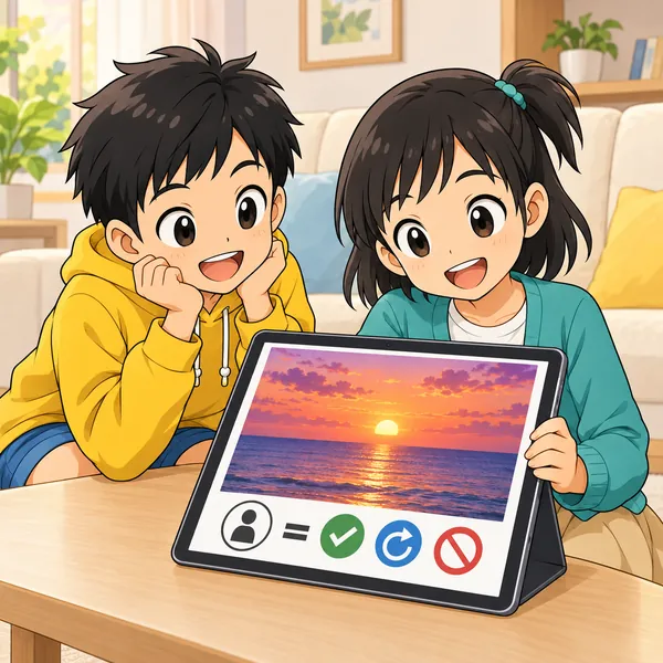 リビングで、ミオがタブレットで夕焼けの写真を見つけ、写真の下に丸いマークが並んでいる。