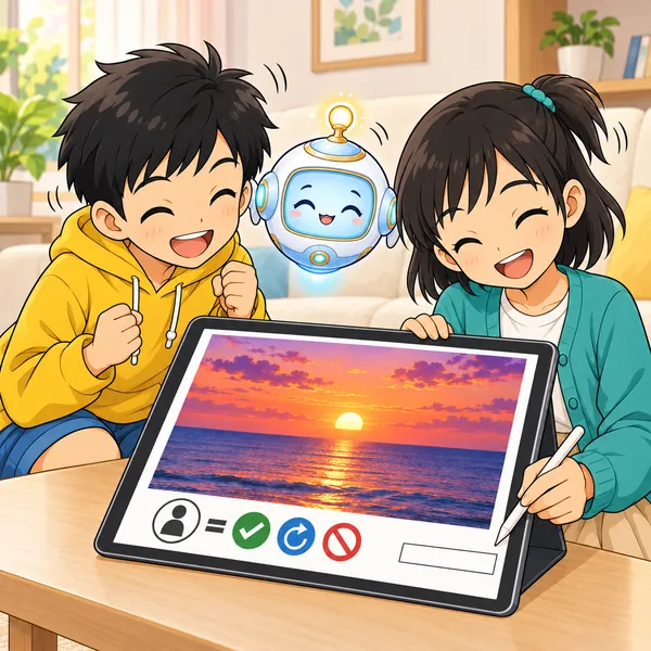 ミオが写真を変えずに使い、すみに名前を書く場所を足して、ハルとAIロボットがうなずいている。