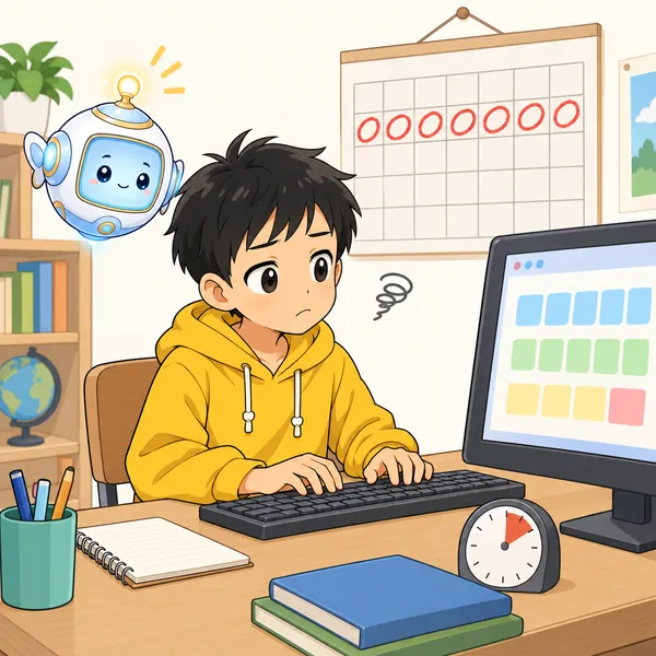 ハルが机で、毎日10分のタイピング練習をしている
