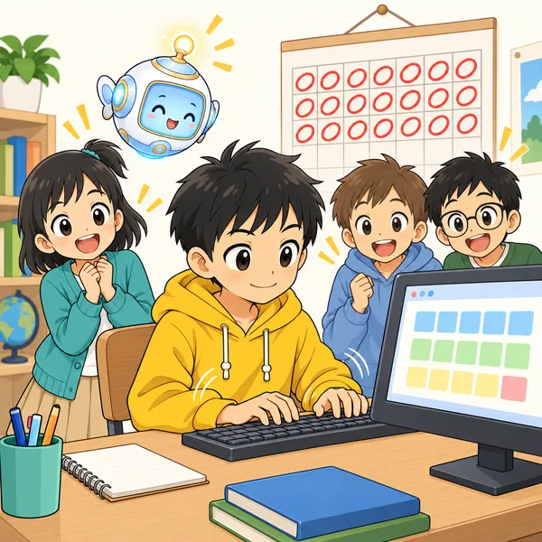 数週間後。ハルがすらすらとキーボードを打っていて、まわりの友だちとミオがびっくりしている