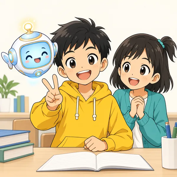 アイがにっこりと浮かび、ハルが誇らしげにVサインをしている