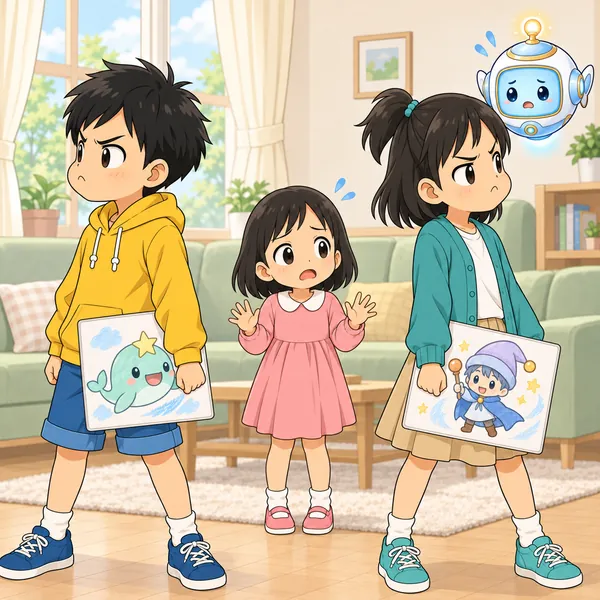 ハルとミオがそっぽを向き、ハルの妹がおろおろしている。